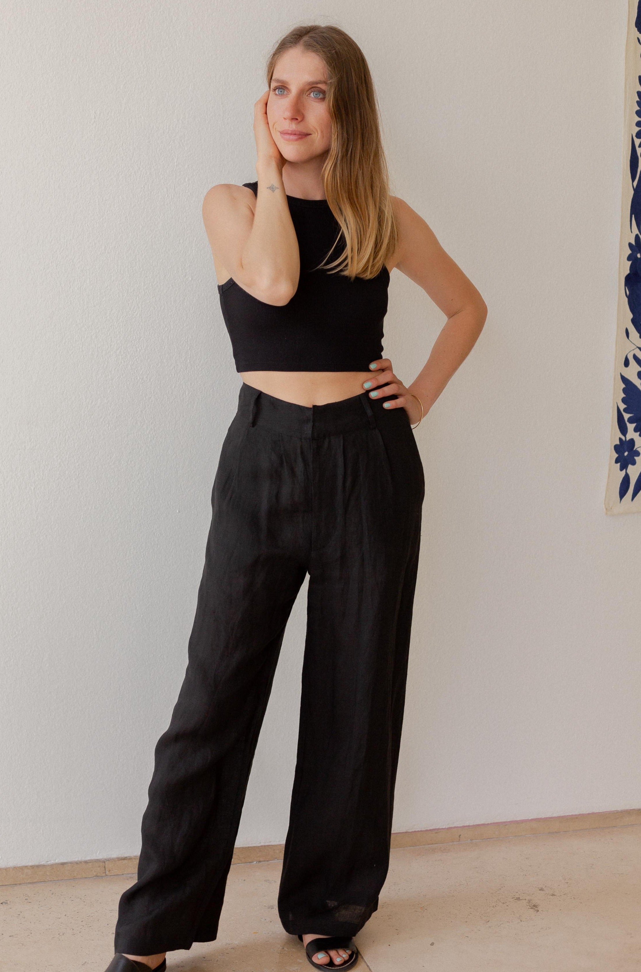 pantalon ancho de lino negro