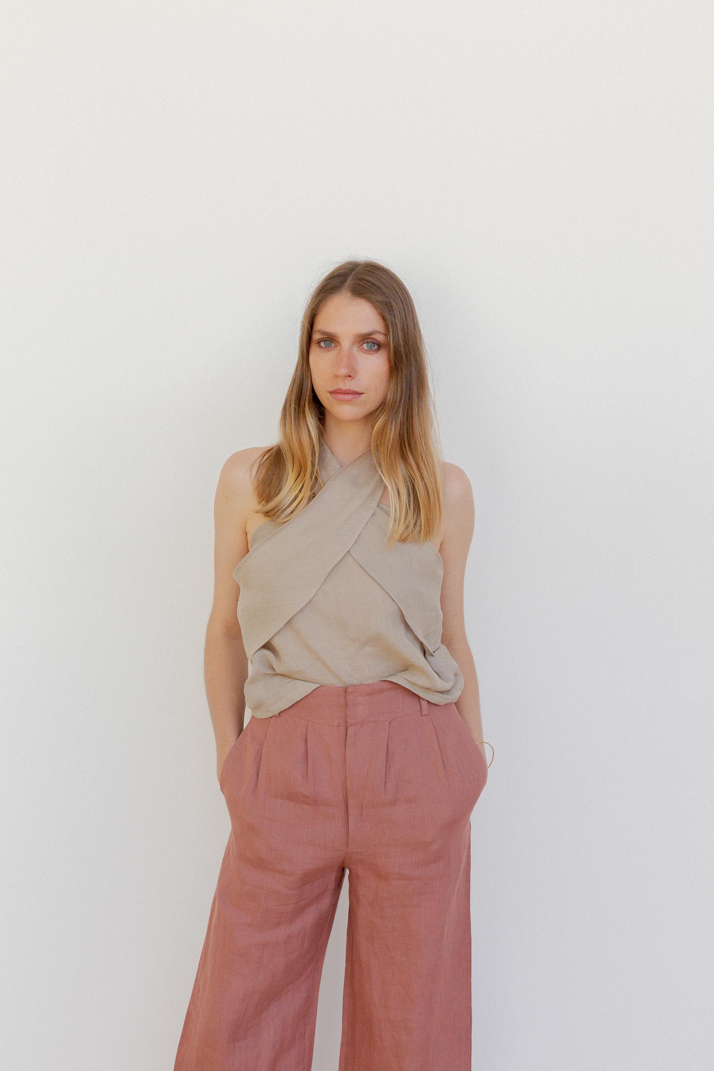Pantalon de lino rosado recto
