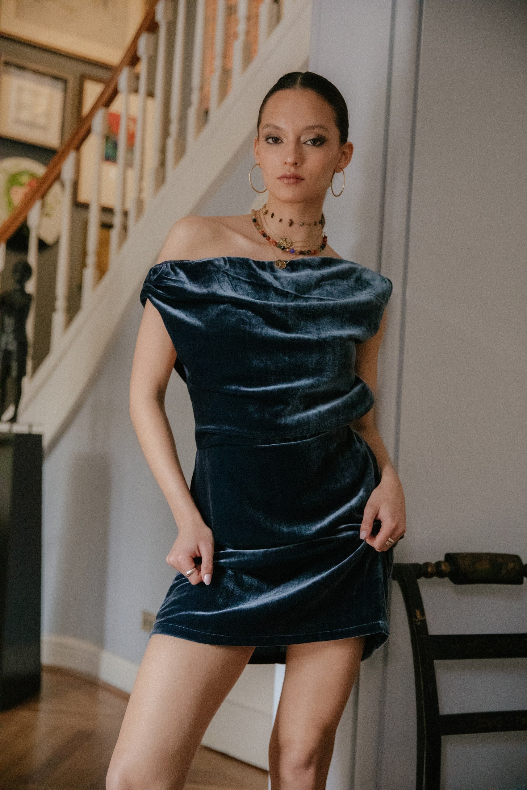 Mini Vestido Creta Velvet · Azul Prusia